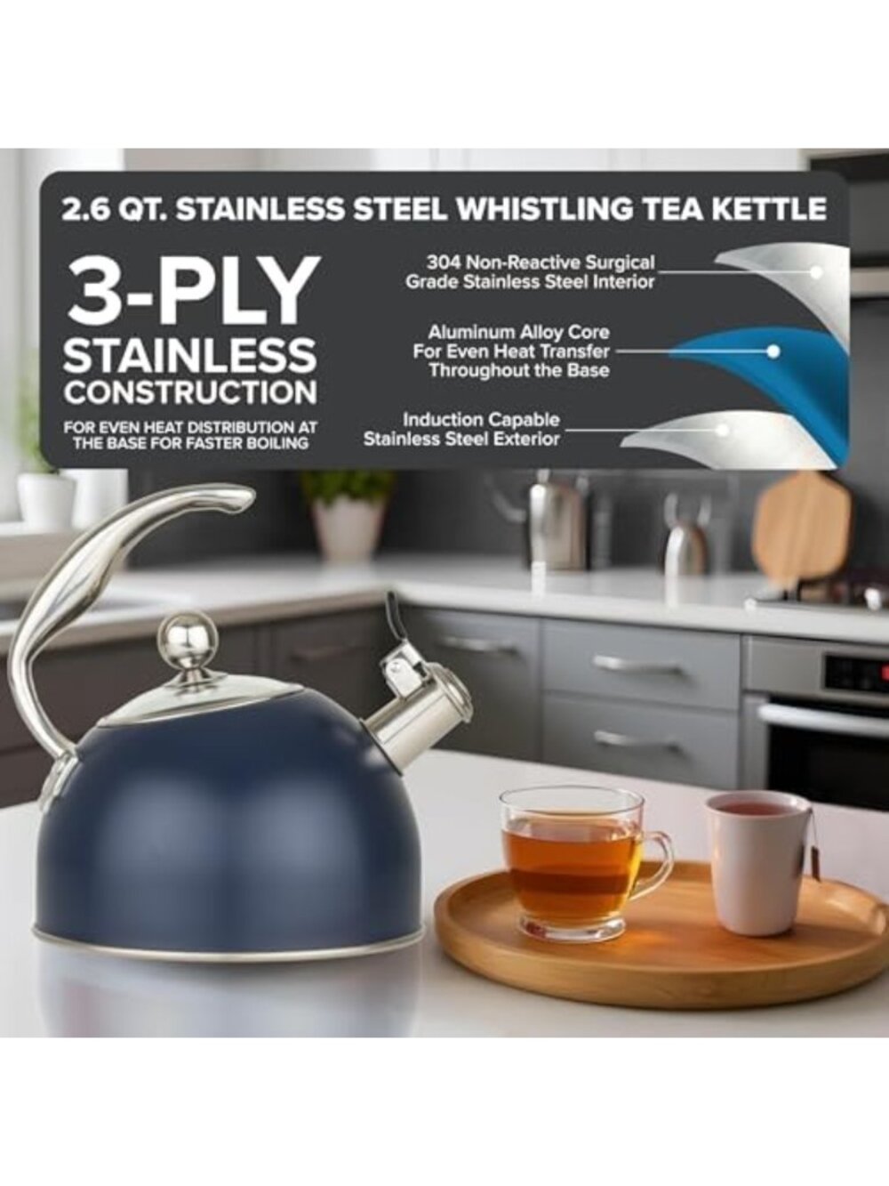 Stainless Steel 2.6 Quart Tea Kettle - Induction Ready, Ergonomic Handle, Glass - Picture 2 of 7